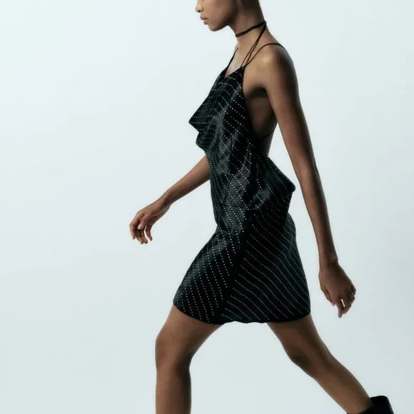 NWT JEWEL SATIN EFFECT BLACK RHINESTONE DRESS - Picture 4 of 11